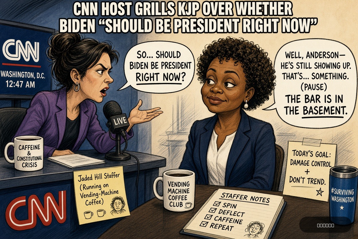 Capitol Carl on Karine Jean-Pierre — "CNN Host Grills KJP Over Whether Biden ‘Should Be President Right Now’" · AI parody, fiction for entertainment