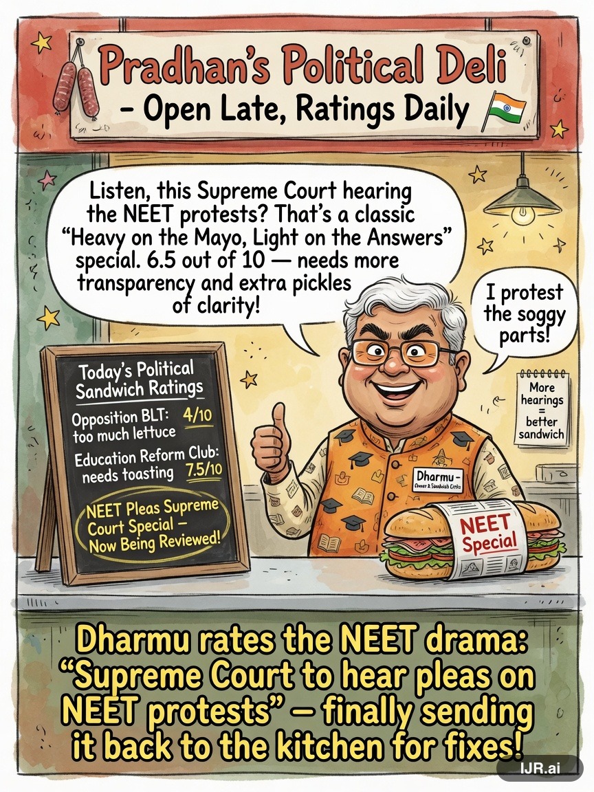 Veto Vinny on Dharmendra Pradhan — "Supreme Court to hear pleas on NEET protests" · AI parody, fiction for entertainment