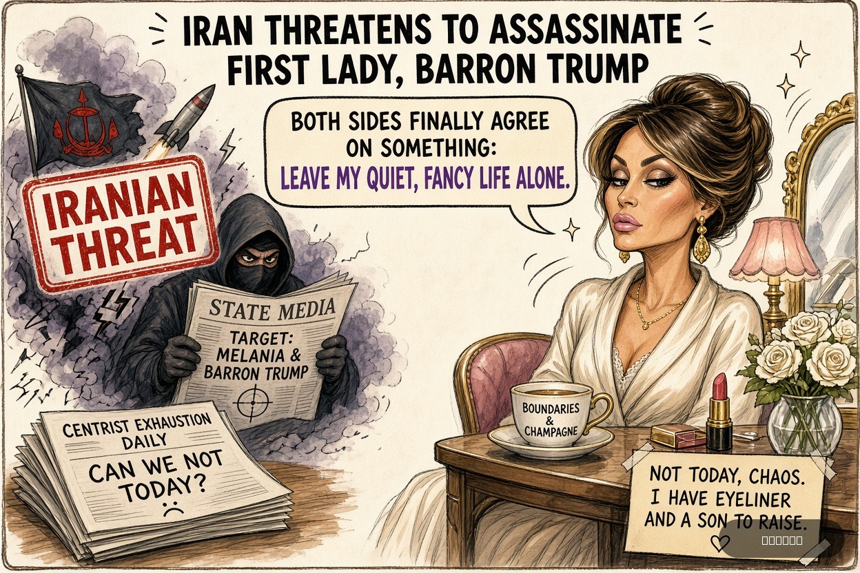Centrist Cindy on Melania Trump — "Iran Threatens to Assassinate First Lady, Barron Trump" · AI parody, fiction for entertainment