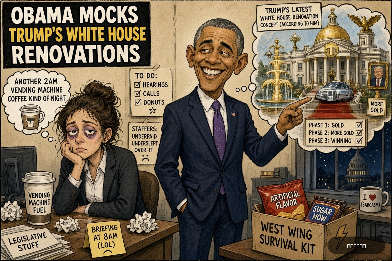 Capitol Carl on Barack Obama — "Obama mocks Trump’s White House renovations" · AI parody, fiction for entertainment