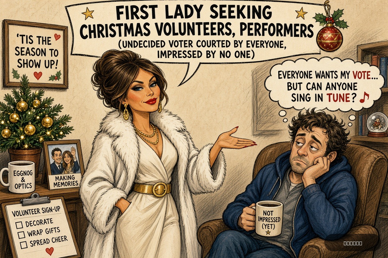 Swing State Sue on Melania Trump — "First Lady Seeking Christmas Volunteers, Performers" · AI parody, fiction for entertainment