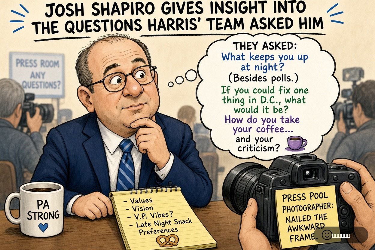 Press Pool Penny on Josh Shapiro — "Josh Shapiro Gives Insight Into the Questions Harris’ Team Asked Him" · AI parody, fiction for entertainment