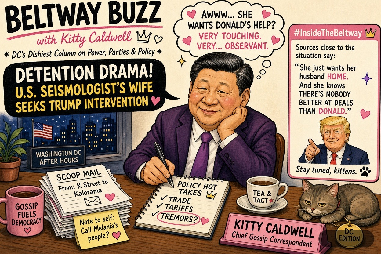 Beltway Betty on Xi Jinping — "Detained U.S. Seismologist's Wife Seeks Trump Intervention" · AI parody, fiction for entertainment