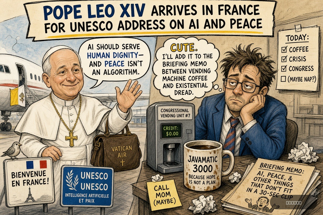 Capitol Carl on Robert Prevost — "Pope Leo XIV arrives in France for UNESCO address on AI and peace" · AI parody, fiction for entertainment