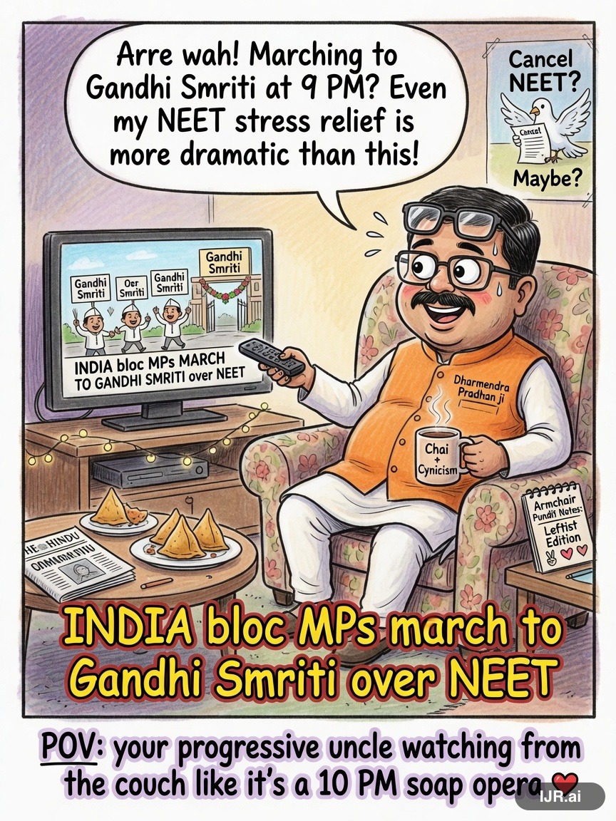 Lefty Larry on Dharmendra Pradhan — "INDIA bloc MPs march to Gandhi Smriti over NEET" · AI parody, fiction for entertainment