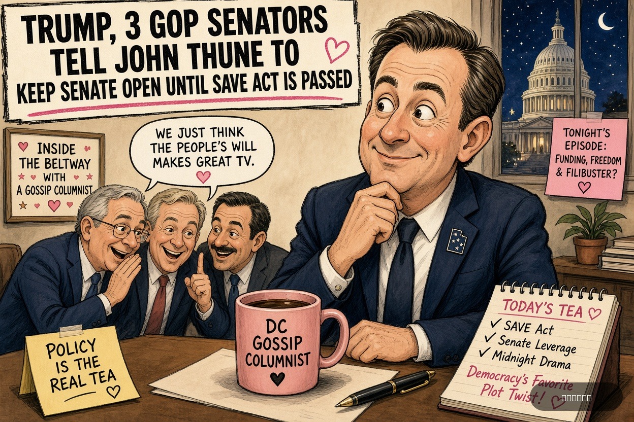 Beltway Betty on Mike Lee — "Trump, 3 GOP Senators Tell John Thune To Keep Senate Open Until SAVE ACT Is Passed" · AI parody, fiction for entertainment