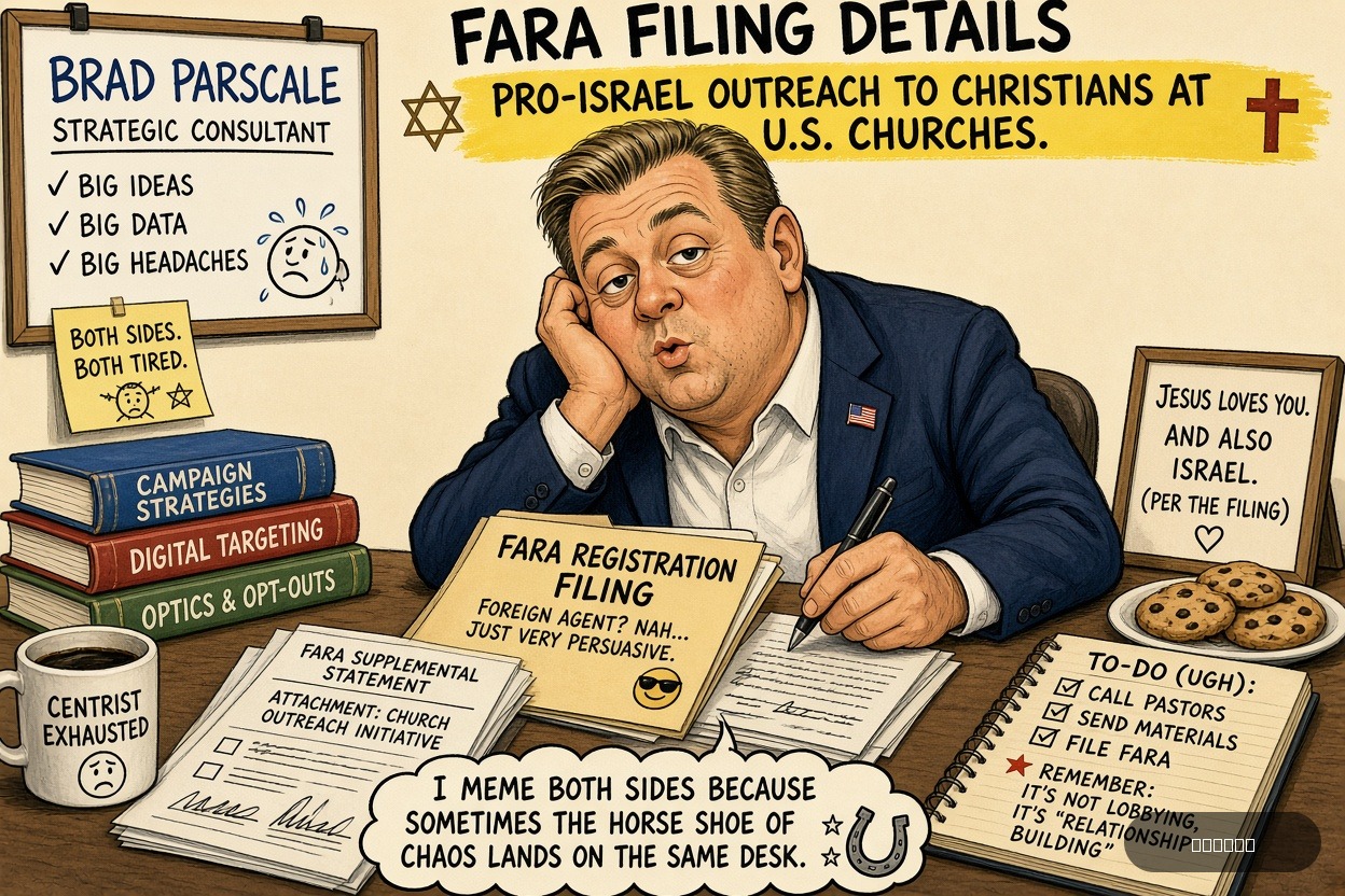 Centrist Cindy on Brad Parscale — "FARA Filing Details Pro-Israel Outreach To Christians At U.S. Churches" · AI parody, fiction for entertainment