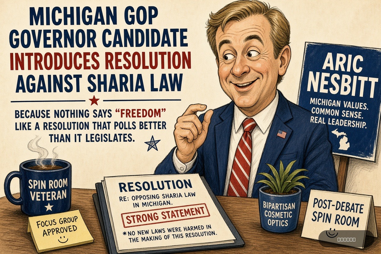 Spin Room Rosa on Aric Nesbitt — "Michigan GOP Governor Candidate Introduces Resolution Against Sharia Law" · AI parody, fiction for entertainment