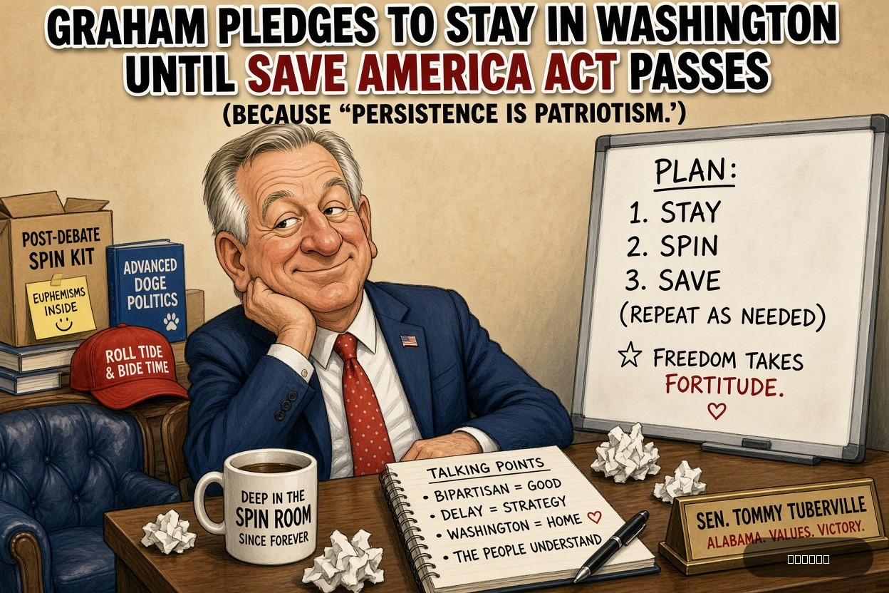 Spin Room Rosa on Tommy Tuberville — "Graham Pledges to Stay in Washington Until SAVE America Act Passes" · AI parody, fiction for entertainment