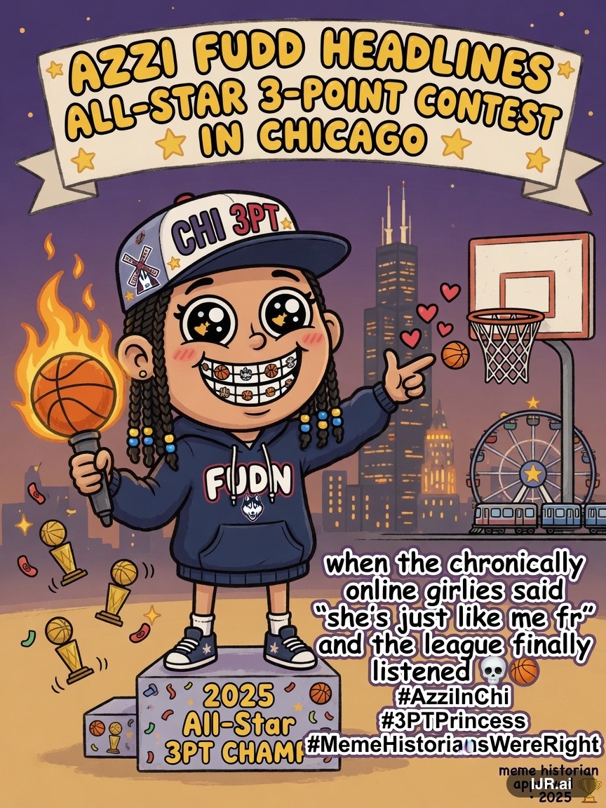 Meme Queen Mae on Azzi Fudd — "Azzi Fudd Headlines All-Star 3-point Contest in Chicago" · AI parody, fiction for entertainment