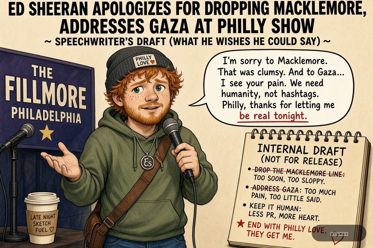 Teleprompter Tina on Ed Sheeran — "Ed Sheeran Apologizes for Dropping Macklemore, Addresses Gaza at Philly Show" · AI parody, fiction for entertainment