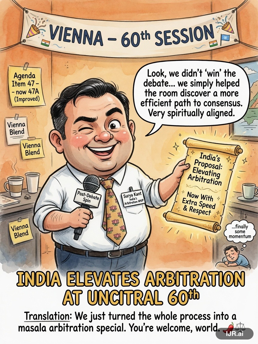 Spin Room Rosa on Surya Kant — "India Elevates Arbitration at UNCITRAL 60th" · AI parody, fiction for entertainment
