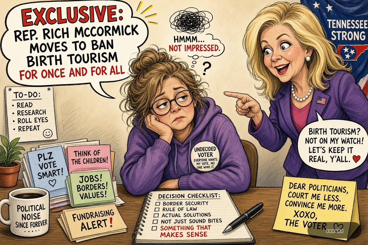 Swing State Sue on Marsha Blackburn — "EXCLUSIVE: Rep. Rich McCormick Moves To Ban Birth Tourism For Once And For All" · AI parody, fiction for entertainment