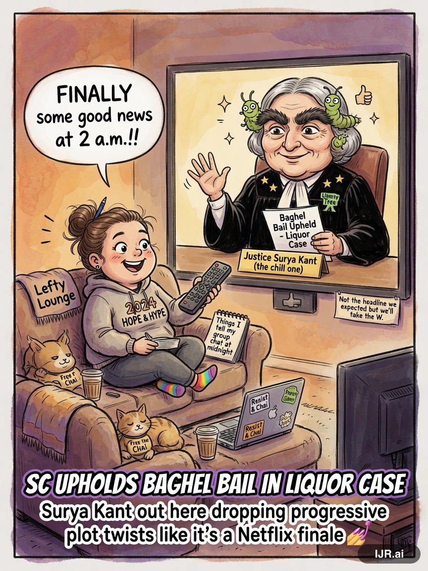 Lefty Larry on Surya Kant — "SC upholds Baghel bail in liquor case" · AI parody, fiction for entertainment