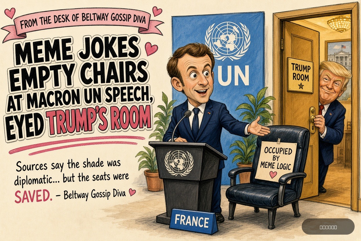 Beltway Betty on Emmanuel Macron — "Meme jokes empty chairs at Macron UN speech eyed Trump's room" · AI parody, fiction for entertainment