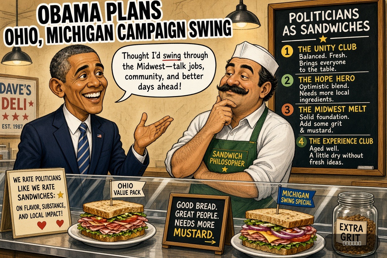 Veto Vinny on Barack Obama — "Obama plans Ohio, Michigan campaign swing" · AI parody, fiction for entertainment