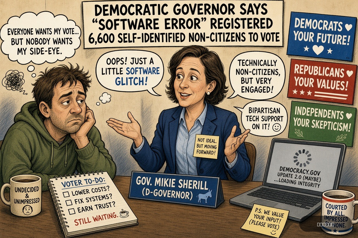 Swing State Sue on Mikie Sherrill — "Democratic Governor Says ‘Software Error’ Registered 6,600 Self-Identified Non-Citizens To Vote" · AI parody, fiction for entertainment