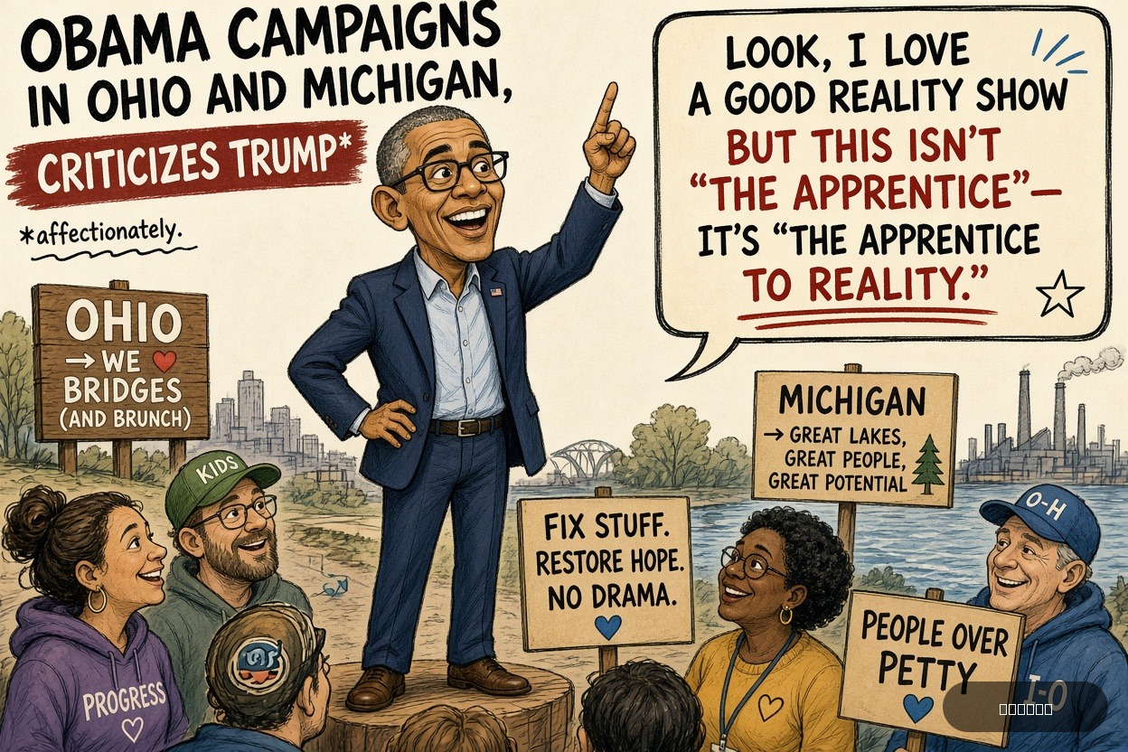 Lefty Larry on Barack Obama — "Obama Campaigns in Ohio and Michigan, Criticizes Trump" · AI parody, fiction for entertainment