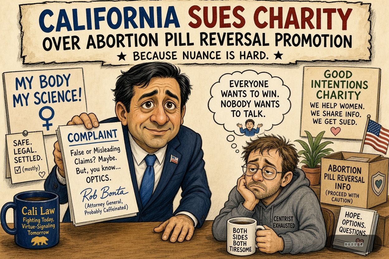 Centrist Cindy on Rob Bonta — "California Sues Charity Over Abortion Pill Reversal Promotion" · AI parody, fiction for entertainment