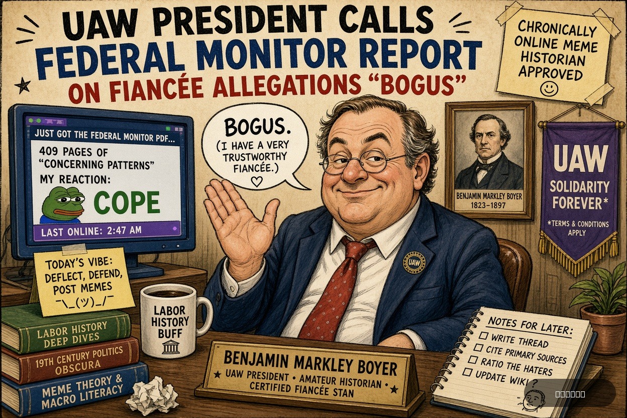 Meme Queen Mae on Benjamin Markley Boyer — "UAW President Calls Federal Monitor Report on Fiancée Allegations 'Bogus'" · AI parody, fiction for entertainment
