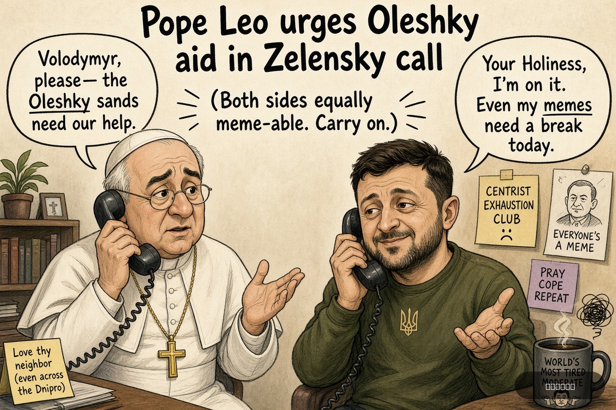 Centrist Cindy on Volodymyr Zelenskyy — "Pope Leo urges Oleshky aid in Zelensky call" · AI parody, fiction for entertainment