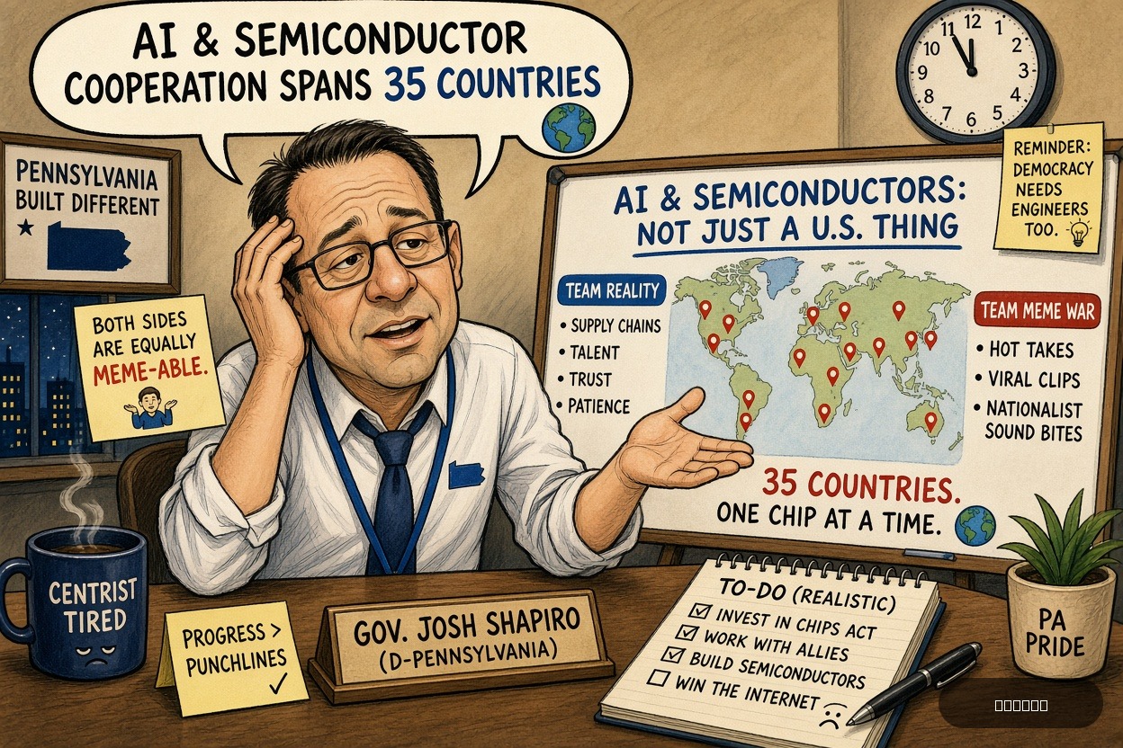 Centrist Cindy on Josh Shapiro — "AI, Semiconductor Cooperation Spans 35 Countries" · AI parody, fiction for entertainment