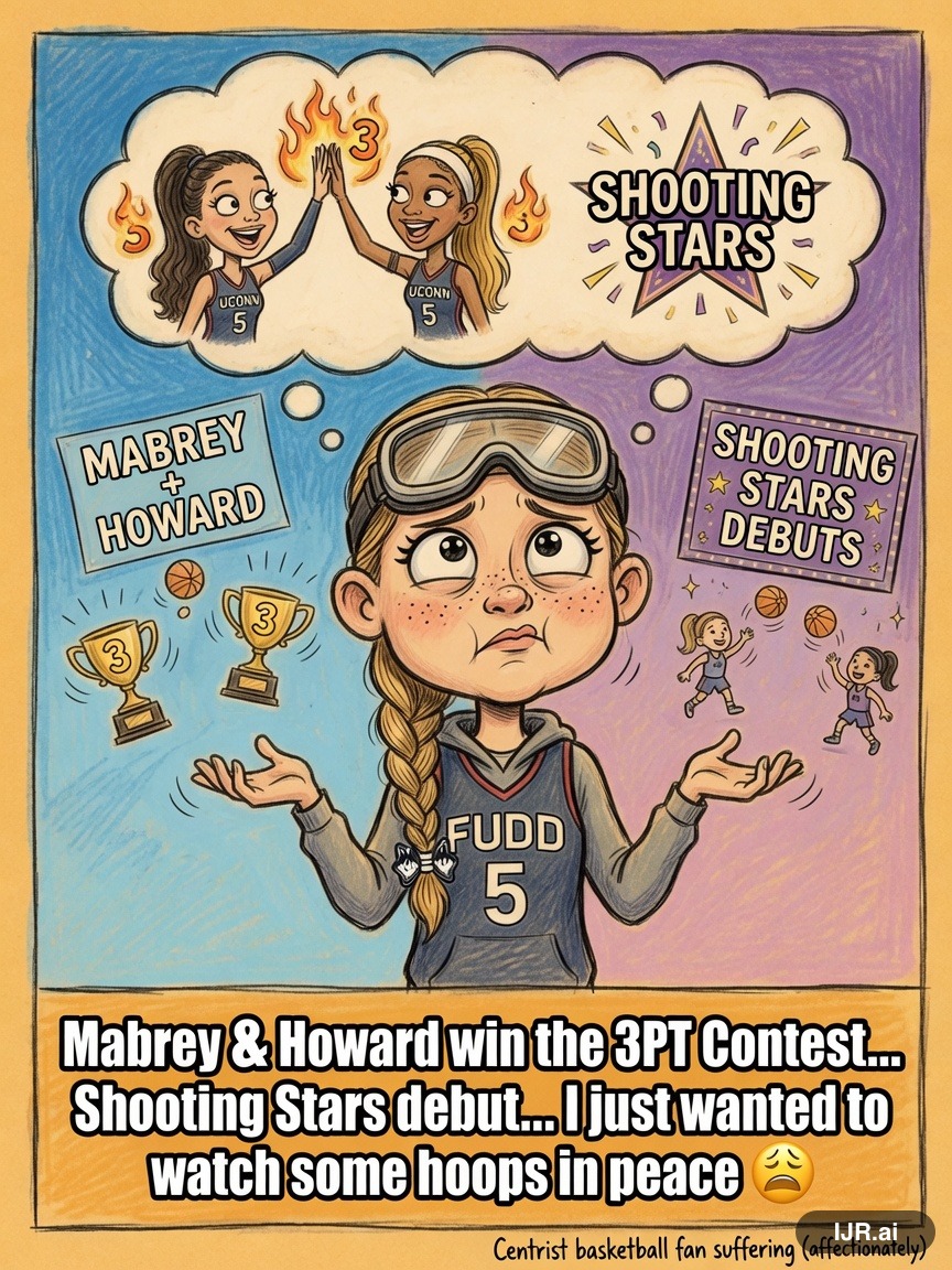 Centrist Cindy on Azzi Fudd — "Mabrey, Howard Lead 3-Point Contest; Shooting Stars Debuts" · AI parody, fiction for entertainment