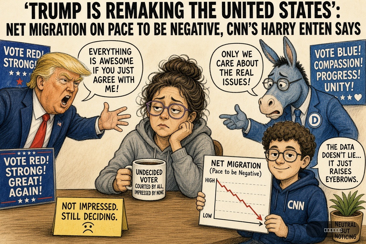 Swing State Sue on Harry Enten — "‘Trump Is Remaking The United States’: Net Migration On Pace To Be Negative, CNN’s Harry Enten Says" · AI parody, fiction for entertainment