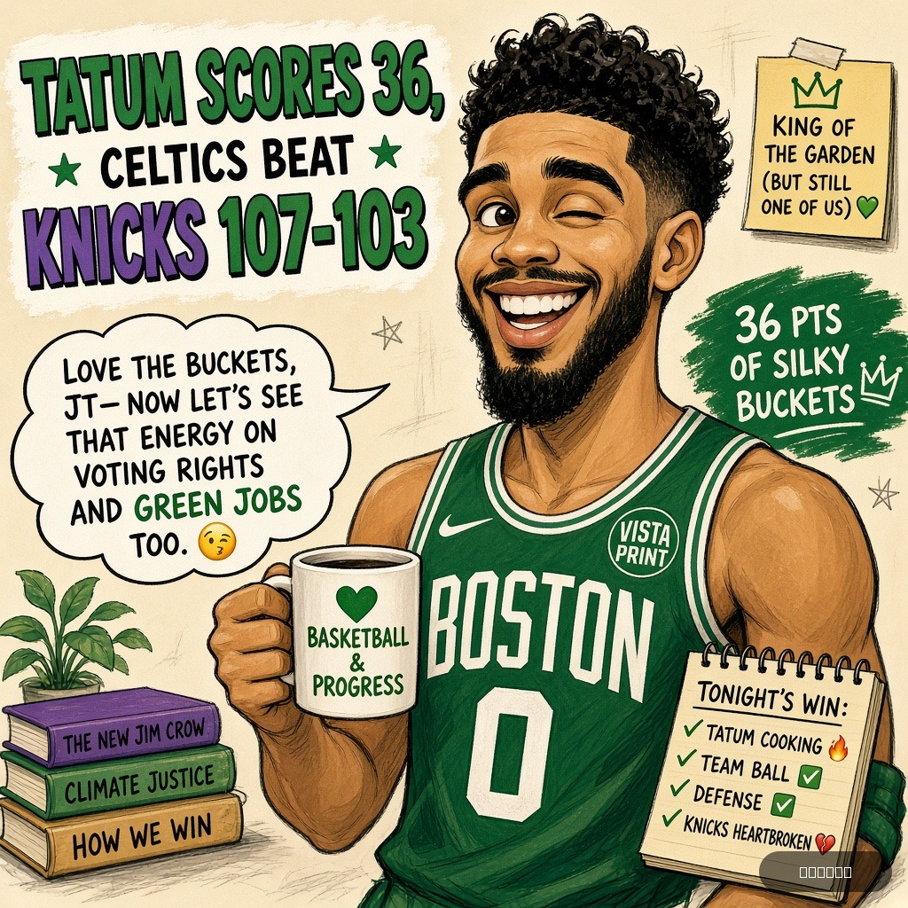 Lefty Larry on Jayson Tatum — "Tatum scores 36, Celtics beat Knicks 107-103" · AI parody, fiction for entertainment