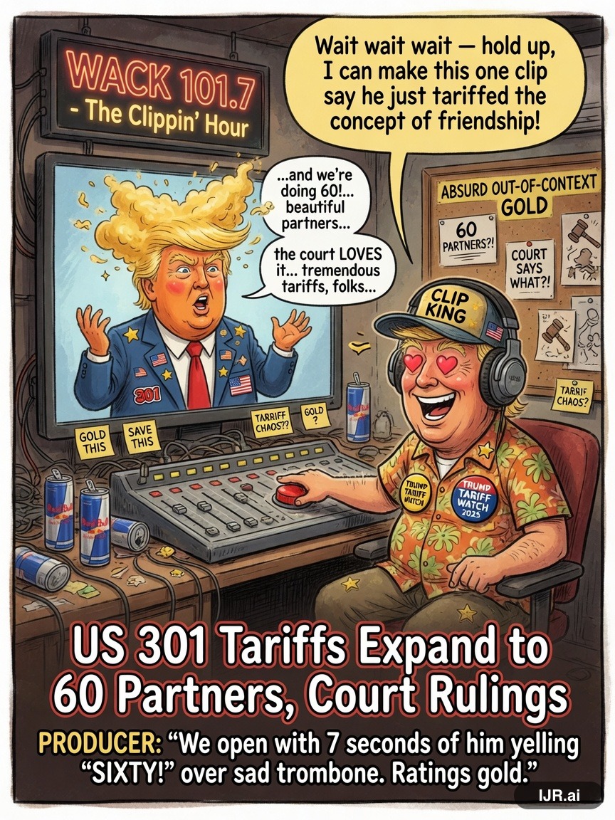 Soundbite Sam on Donald Trump — "US 301 Tariffs Expand to 60 Partners, Court Rulings" · AI parody, fiction for entertainment