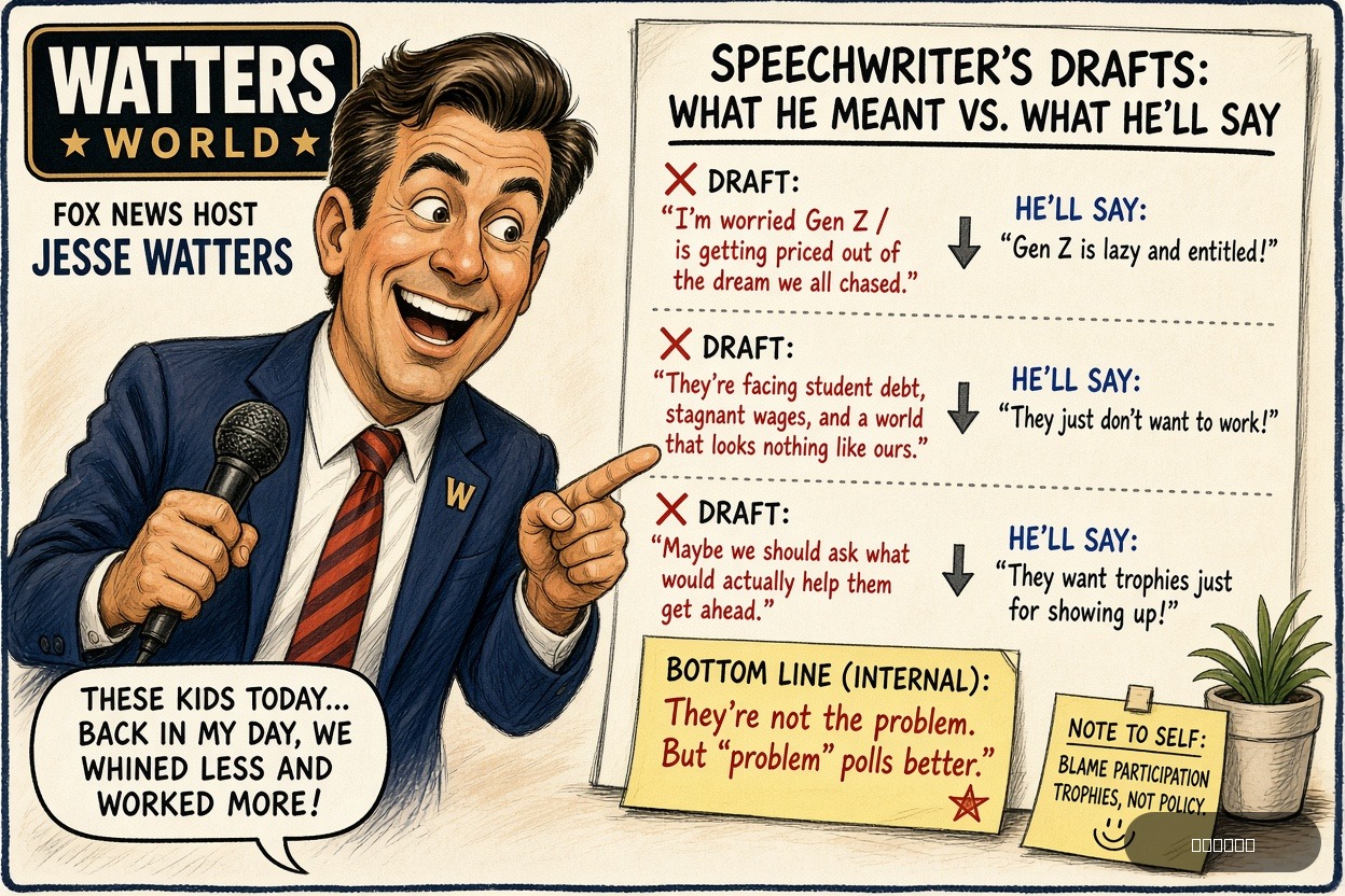 Teleprompter Tina on Jesse Watters — "Fox News Host Jesse Watters Slams Gen Z As Lazy, Entitled" · AI parody, fiction for entertainment