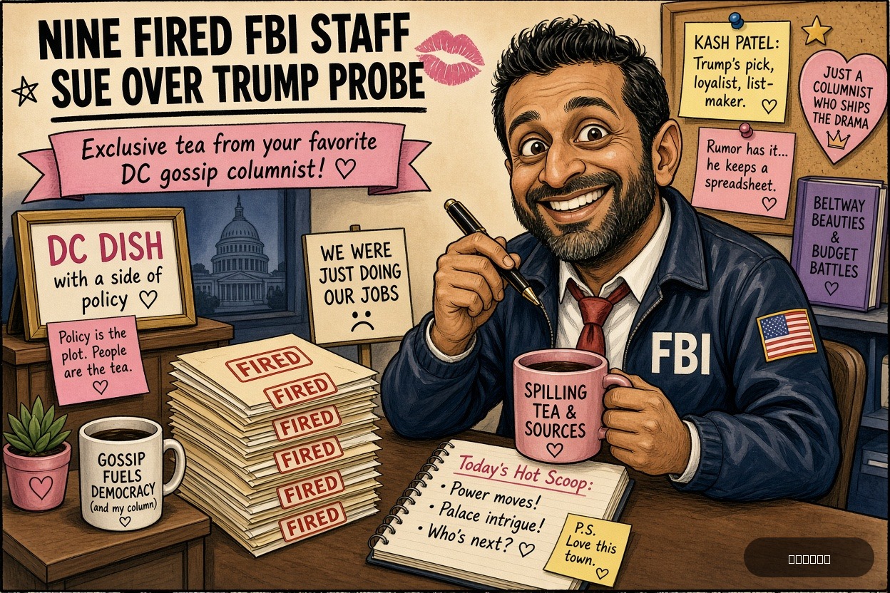 Beltway Betty on Kash Patel — "Nine Fired FBI Staff Sue Over Trump Probe" · AI parody, fiction for entertainment