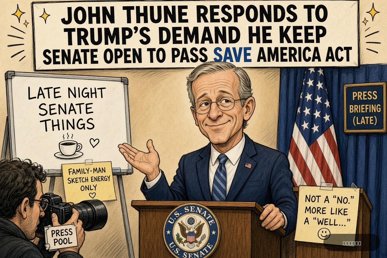Press Pool Penny on John Thune — "John Thune Responds To Trump’s Demand He Keep Senate Open To Pass SAVE America Act" · AI parody, fiction for entertainment