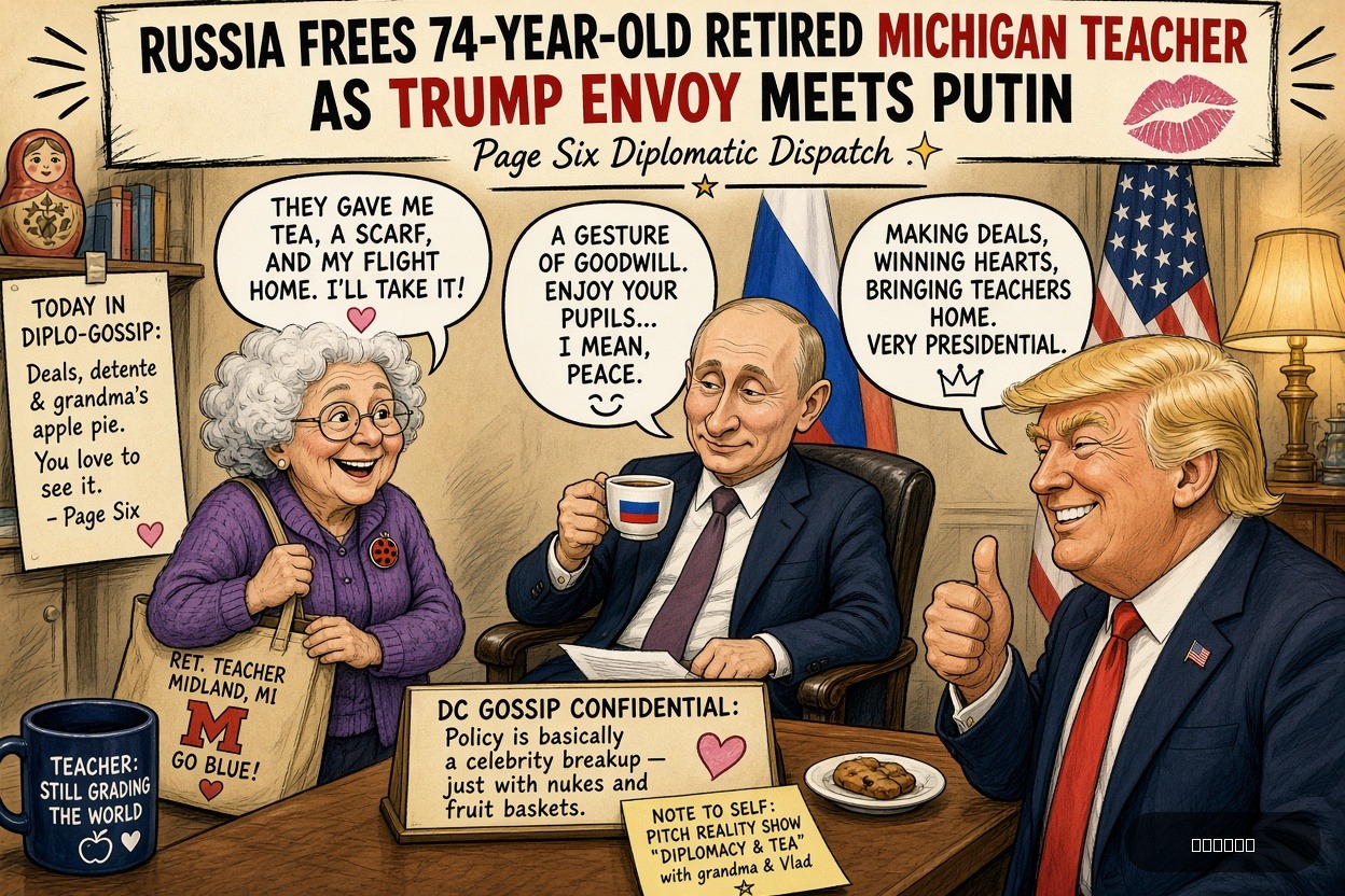 Beltway Betty on Vladimir Putin — "Russia frees 74-year-old retired Michigan teacher as Trump envoy meets Putin" · AI parody, fiction for entertainment