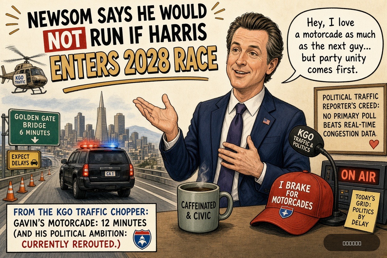 Motorcade Mike on Gavin Newsom — "Newsom says he would not run if Harris enters 2028 race" · AI parody, fiction for entertainment