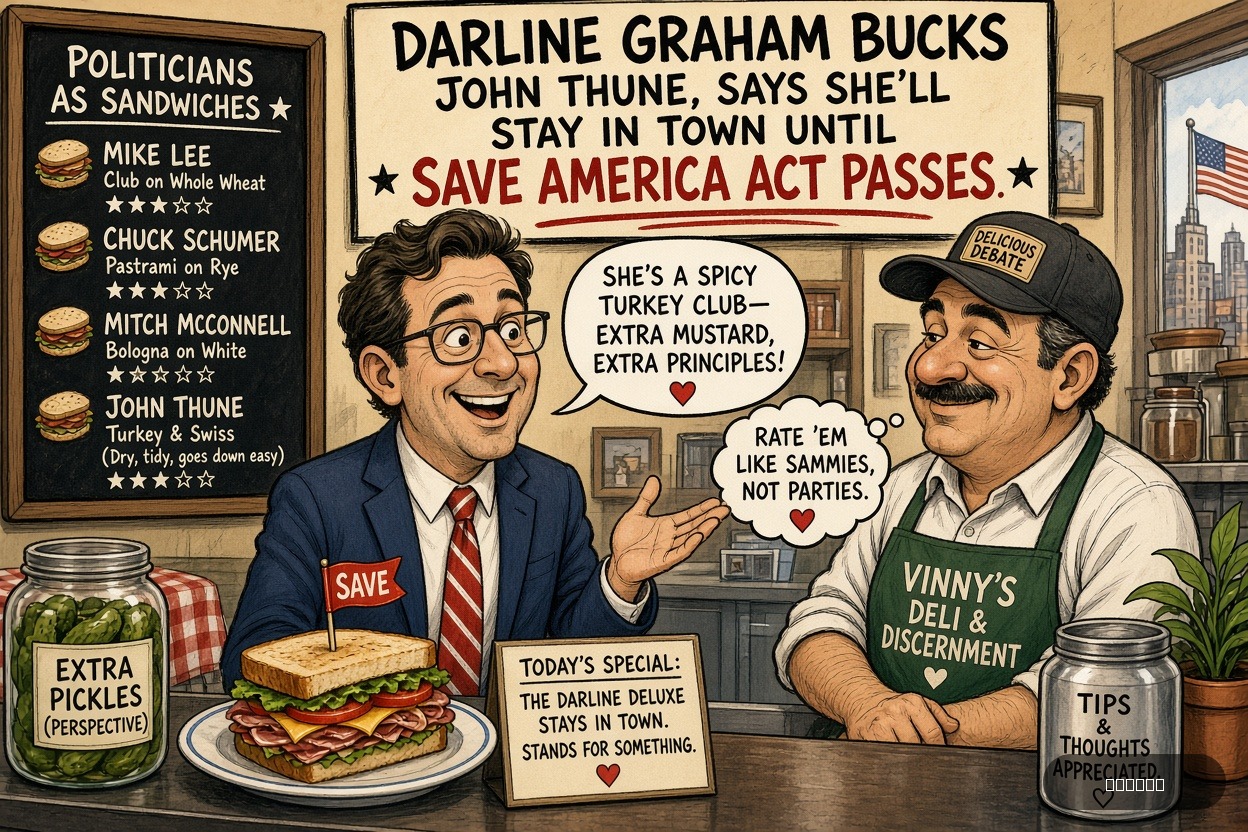 Veto Vinny on Mike Lee — "Darline Graham Bucks John Thune, Says She’ll Stay In Town Until SAVE America Act Passes" · AI parody, fiction for entertainment