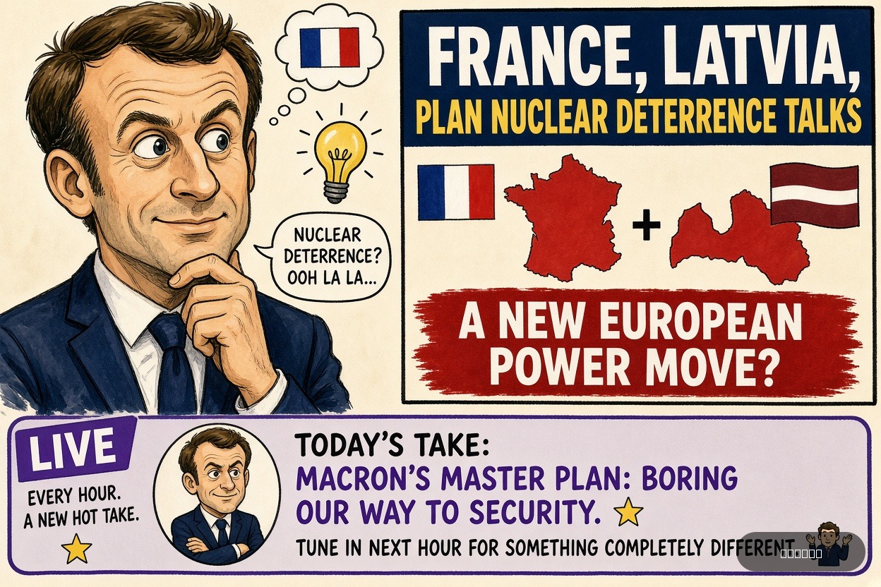 Pundit Pete on Emmanuel Macron — "France, Latvia Plan Nuclear Deterrence Talks" · AI parody, fiction for entertainment