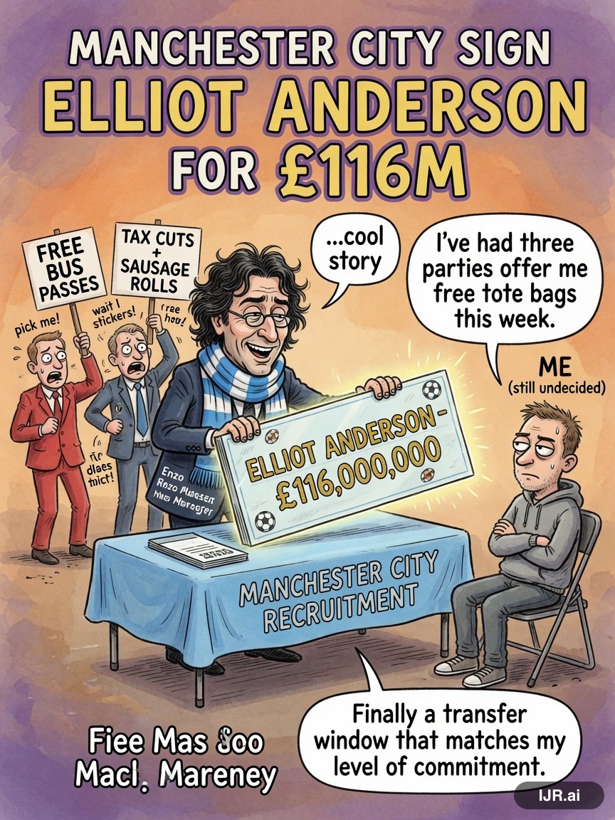 Swing State Sue on Enzo Maresca — "Manchester City Sign Elliot Anderson for £116m" · AI parody, fiction for entertainment