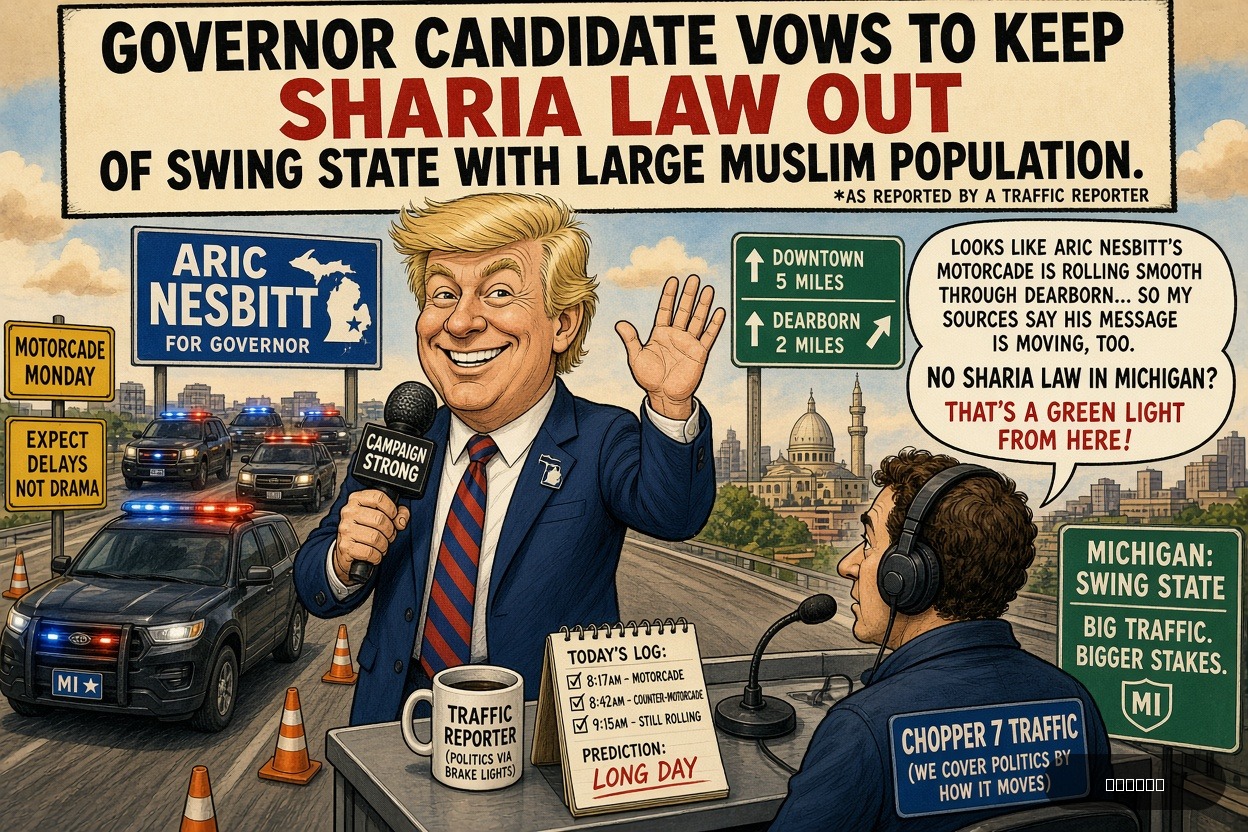 Motorcade Mike on Aric Nesbitt — "Governor Candidate Vows To Keep Sharia Law Out Of Swing State With Large Muslim Population" · AI parody, fiction for entertainment