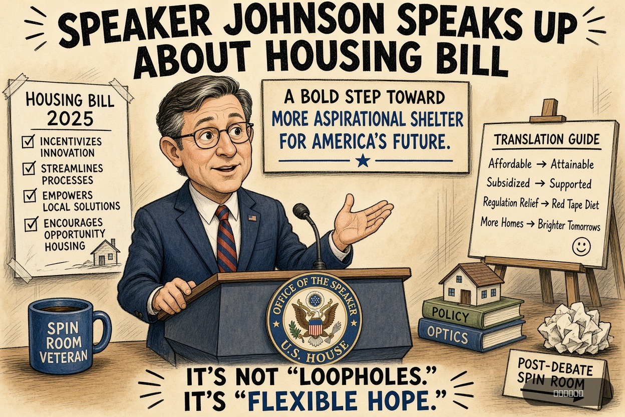 Spin Room Rosa on Mike Johnson — "Speaker Johnson Speaks Up About Housing Bill" · AI parody, fiction for entertainment