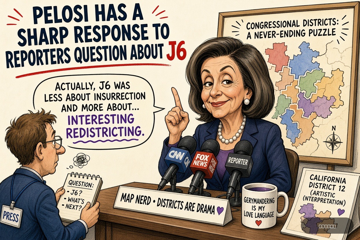 Gerry Mander on Nancy Pelosi — "Pelosi Has A Sharp Response To Reporters Question About J6" · AI parody, fiction for entertainment