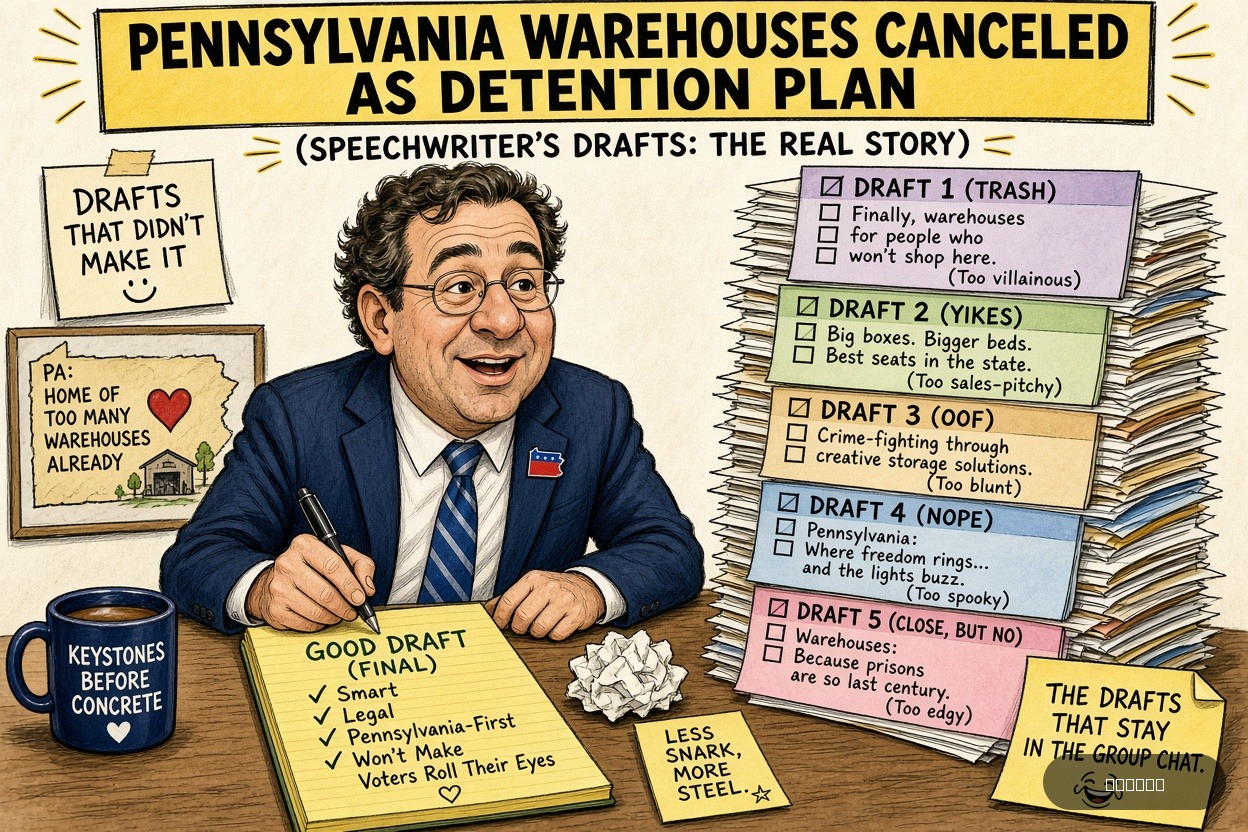 Teleprompter Tina on Josh Shapiro — "Pennsylvania Warehouses Canceled as Detention Plan" · AI parody, fiction for entertainment