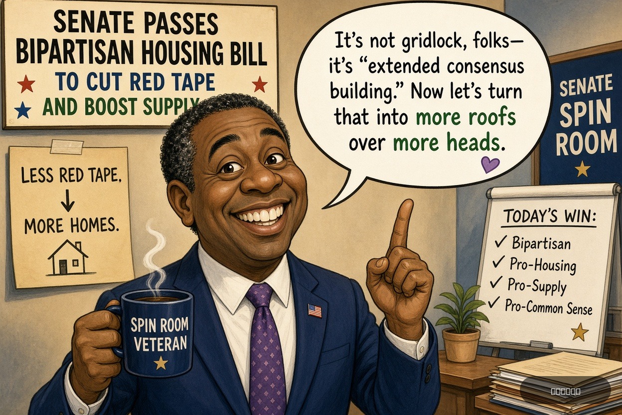 Spin Room Rosa on Tim Scott — "Senate Passes Bipartisan Housing Bill to Cut Red Tape and Boost Supply" · AI parody, fiction for entertainment