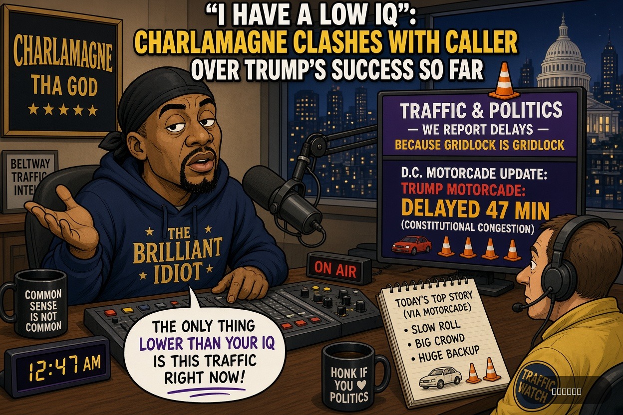 Motorcade Mike on Charlamagne tha God — "‘I Have A Low IQ’: Charlamagne Clashes With Caller Over Trump’s Success So Far" · AI parody, fiction for entertainment