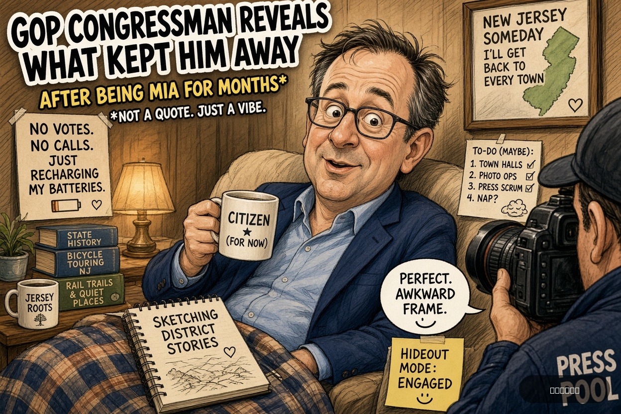 Press Pool Penny on Thomas Howard Kean Jr. — "GOP Congressman Reveals What Kept Him Away After Being MIA For Months" · AI parody, fiction for entertainment