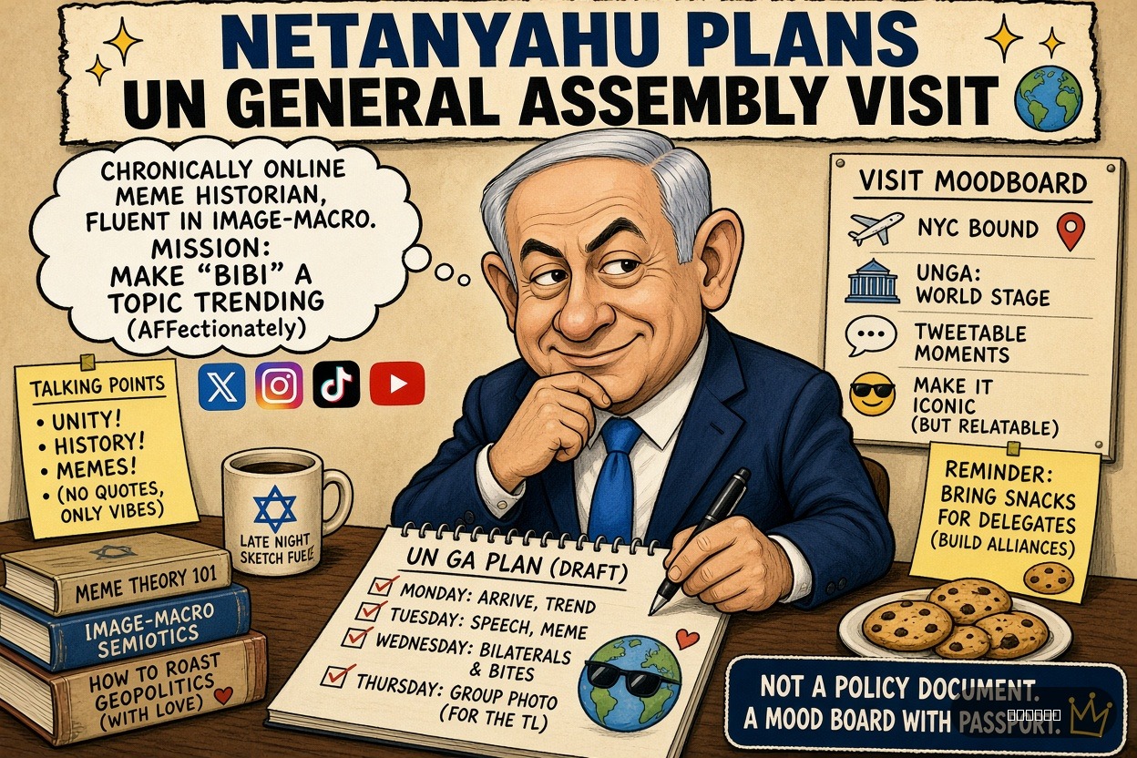 Meme Queen Mae on Benjamin Netanyahu — "Netanyahu Plans UN General Assembly Visit" · AI parody, fiction for entertainment