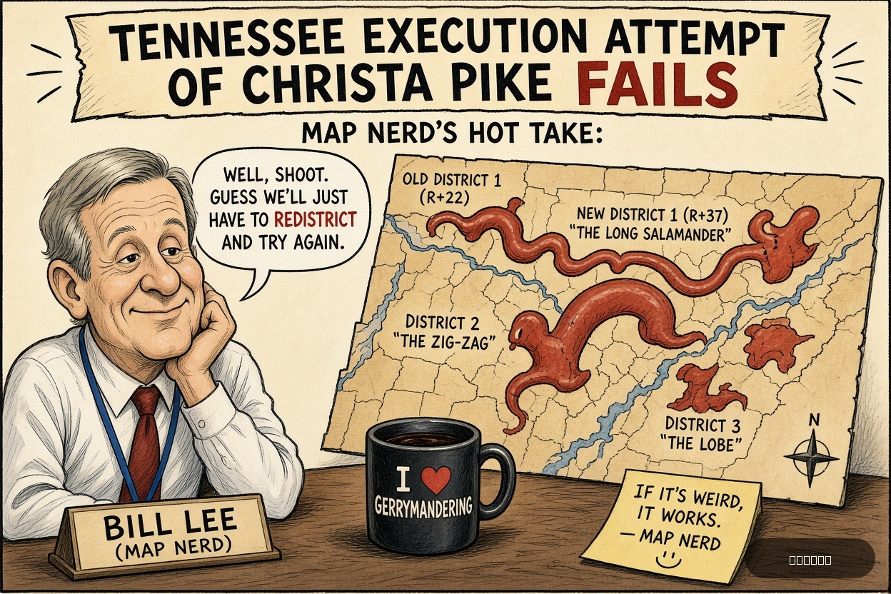 Gerry Mander on Bill Lee — "Tennessee Execution Attempt of Christa Pike Fails" · AI parody, fiction for entertainment