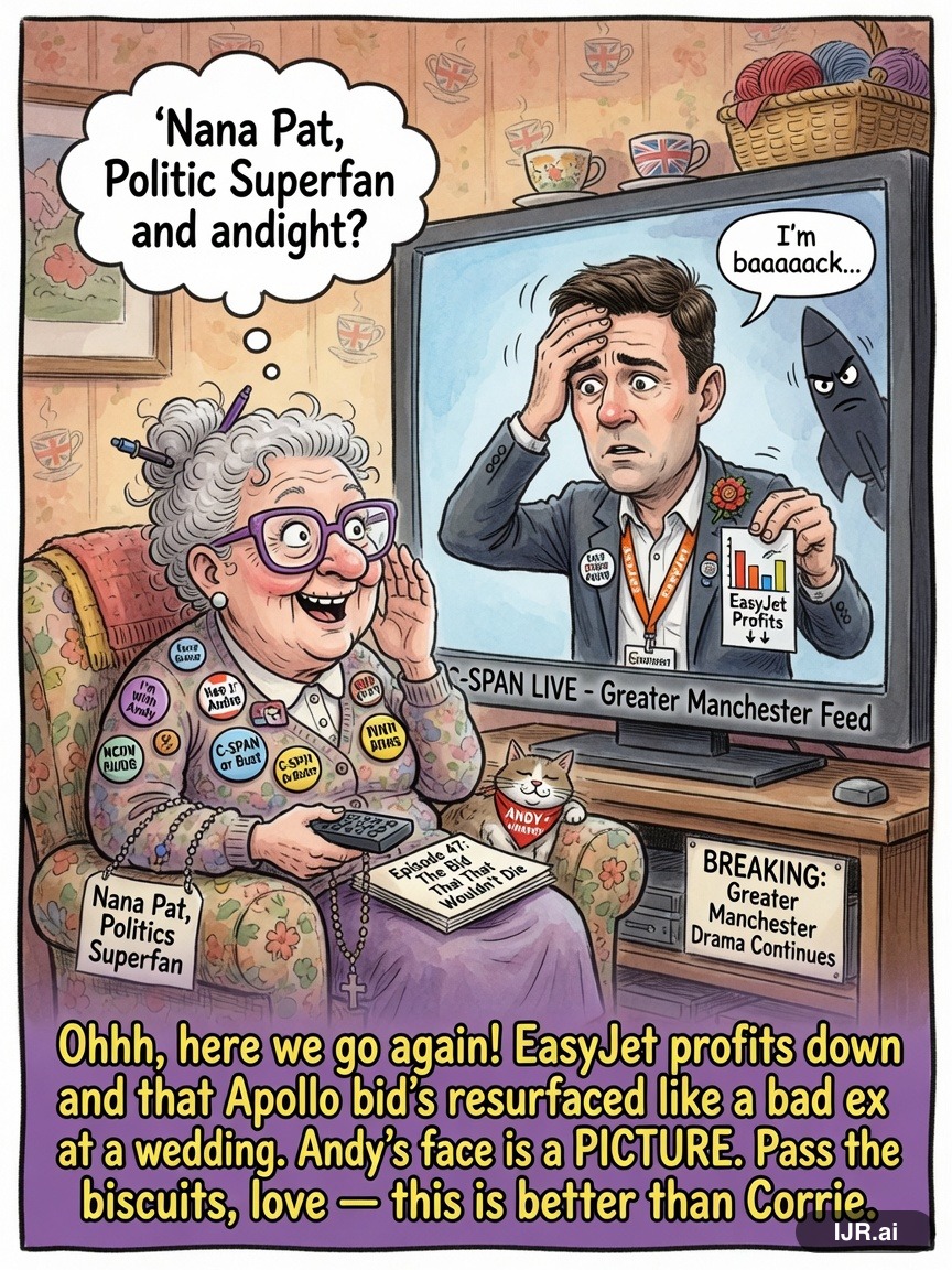 Filibuster Fran on Andy Burnham — "EasyJet profits fall as Apollo bid resurfaces" · AI parody, fiction for entertainment