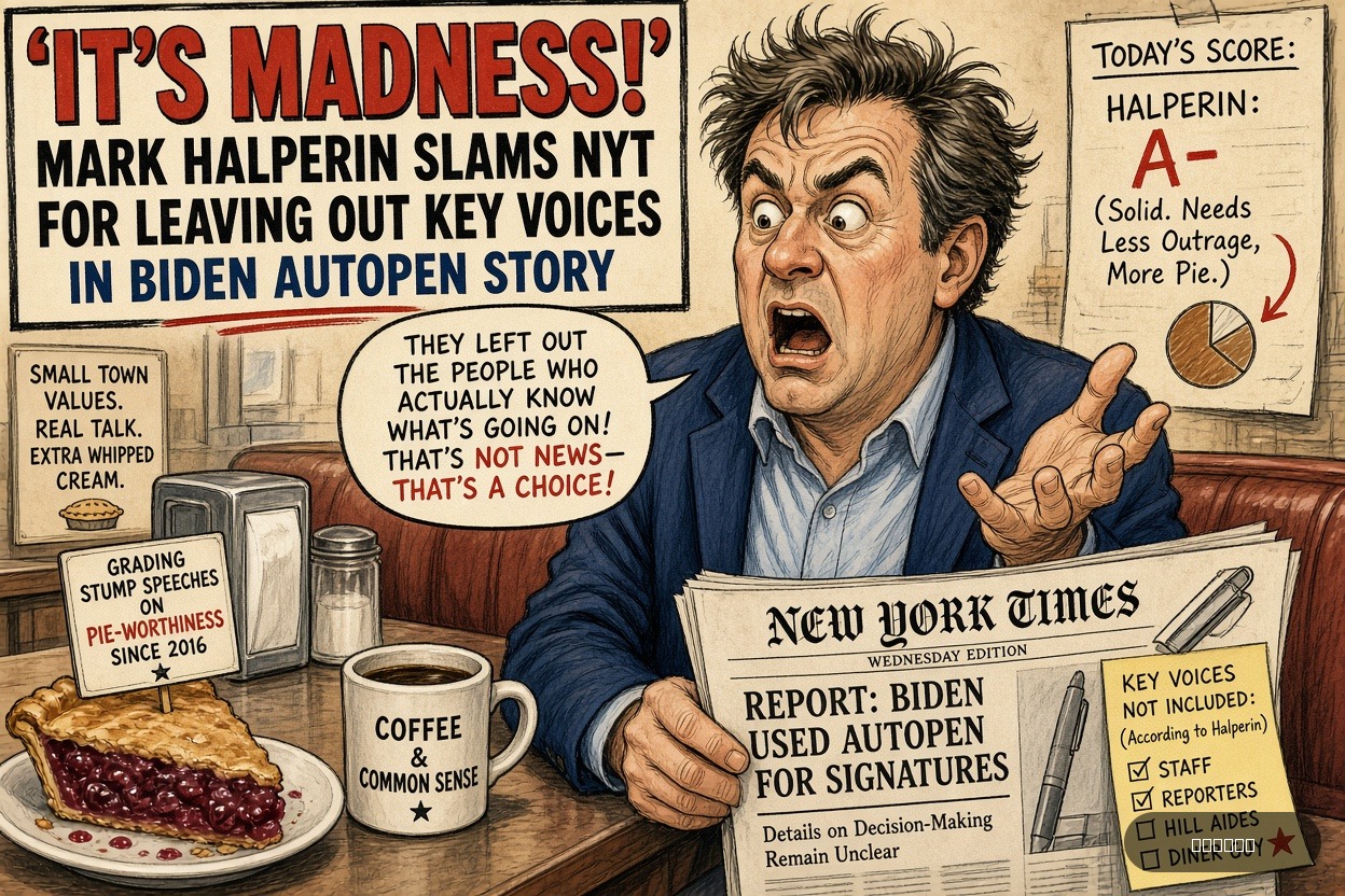 Caucus Cathy on Mark Halperin — "‘It’s Madness!’: Mark Halperin Slams NYT For Leaving Out Key Voices In Biden Autopen Story" · AI parody, fiction for entertainment