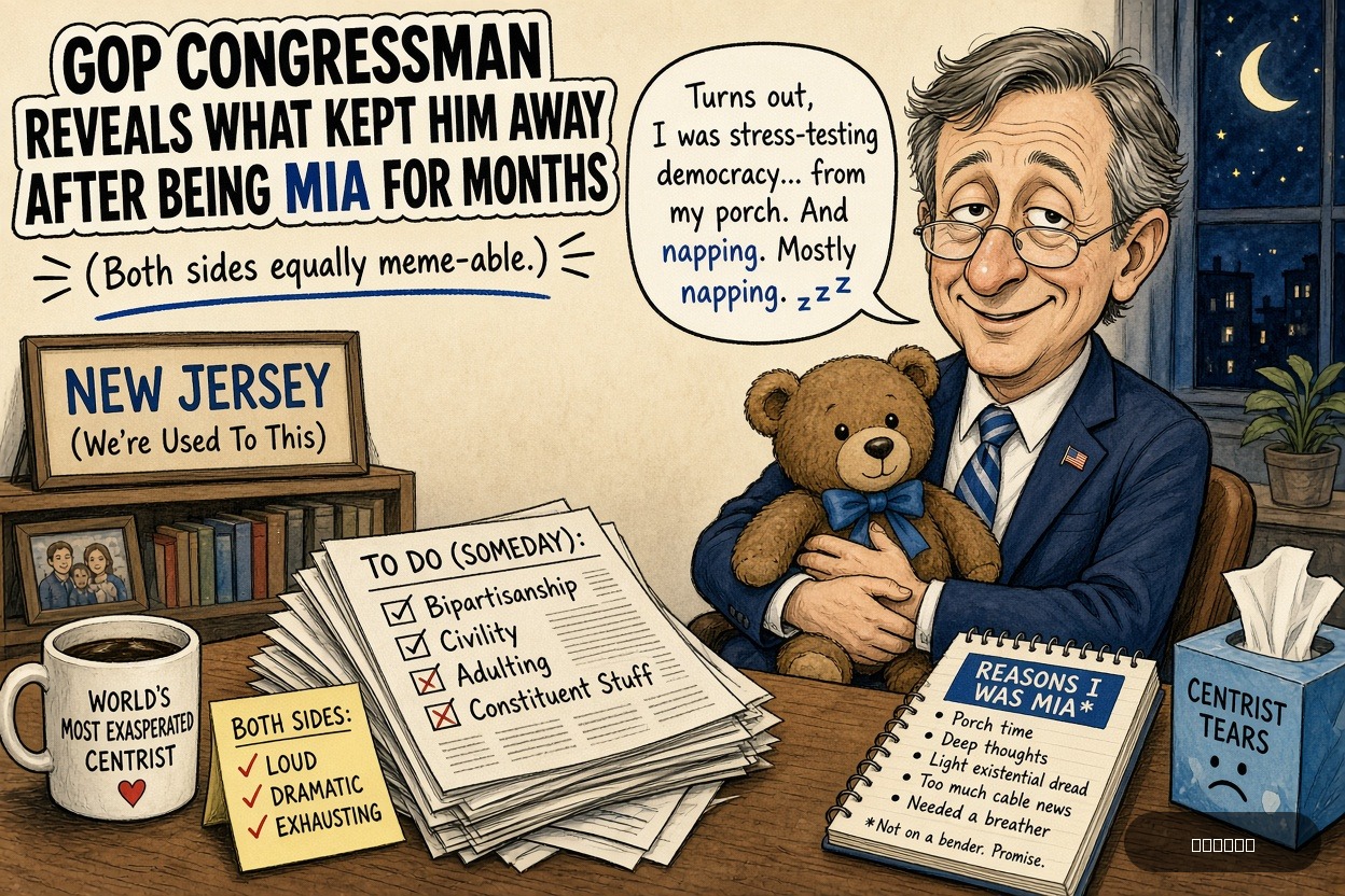 Centrist Cindy on Thomas Howard Kean Jr. — "GOP Congressman Reveals What Kept Him Away After Being MIA For Months" · AI parody, fiction for entertainment